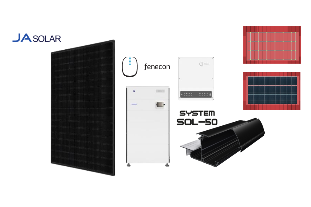 Premium Solarpaket full-black: 9,99 kWp JA Solar + Fenecon Home 10/8,8kWh + SOL-50 Einlegesystem!
